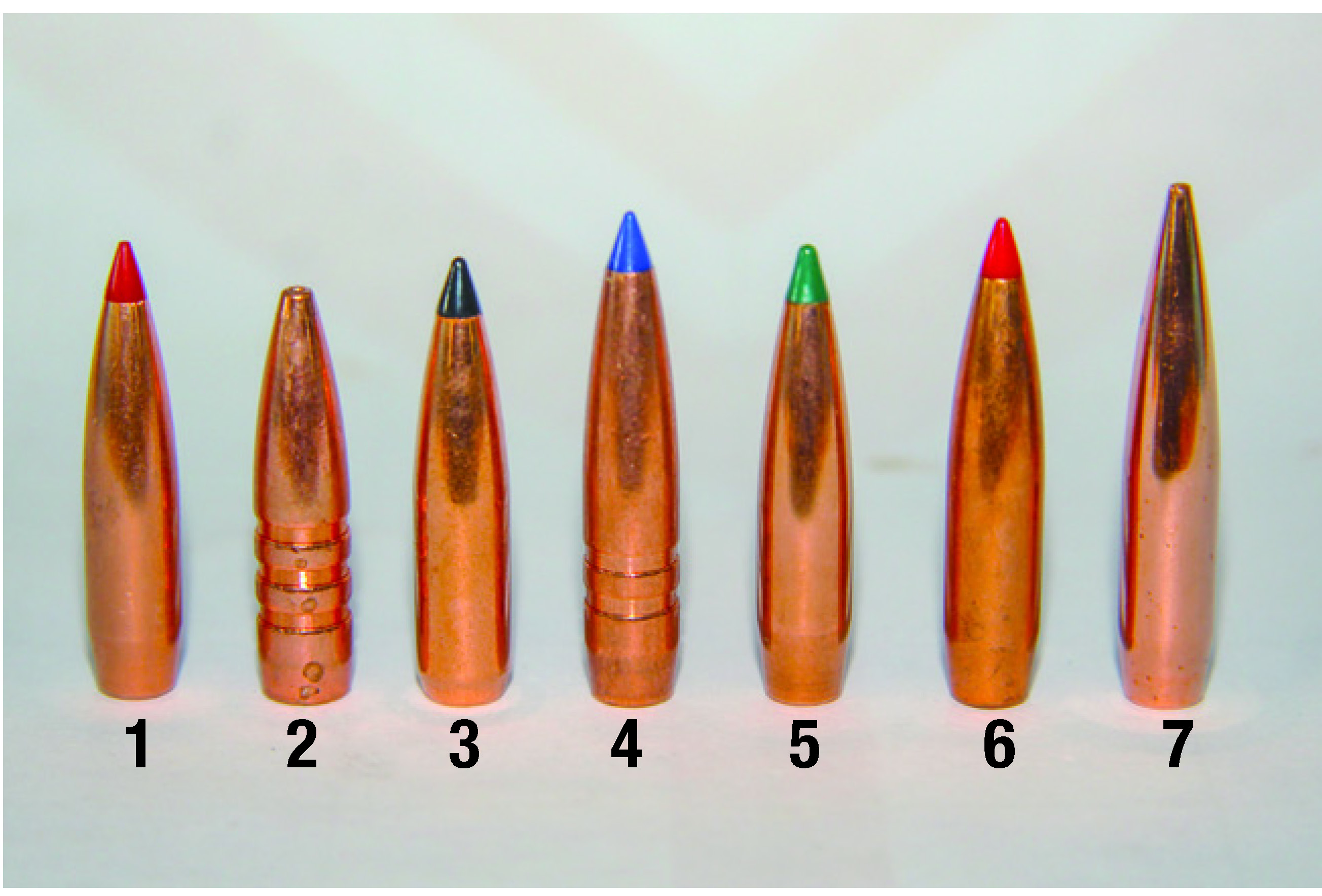 Handloads were assembled from a variety of hunting and target bullets, including: (1) Hornady 80-grain ELD-VT, (2) Barnes 85-grain TSX BT, (3) Swift 90-grain Scirocco II, (4) Barnes 95-grain LRX BT, (5) Sierra 95-grain Tipped MatchKing, (6) Hornady 103-grain ELD-X and (7) Berger 115-grain VLD Hunting.